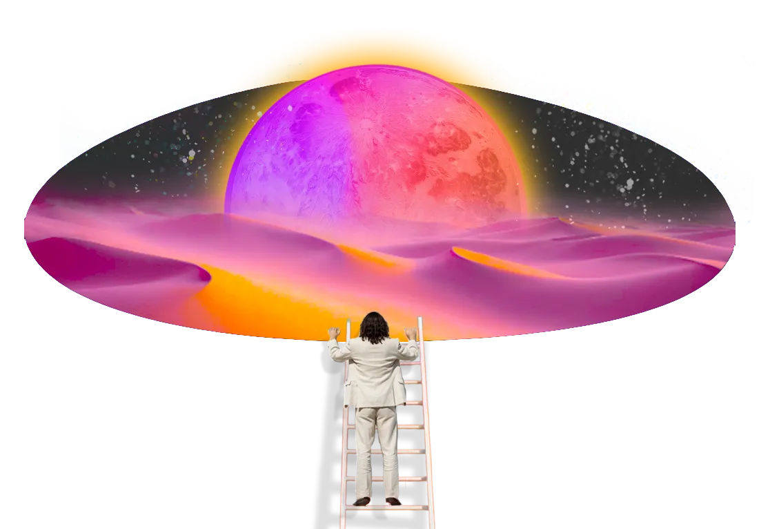 Person climbing ladder to reach floating landscape